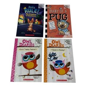 Lot of 4 Young Child's Paperback Books - Owl Diaries Pets Rule Diary of a Pug